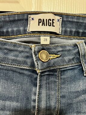 PAIGE 28 Denim Jean Shorts in Mid Blue Wash